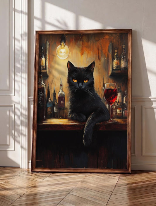 Black cat wine wall art: a sleek cat leaning on a dark Italian bar counter, framed canvas