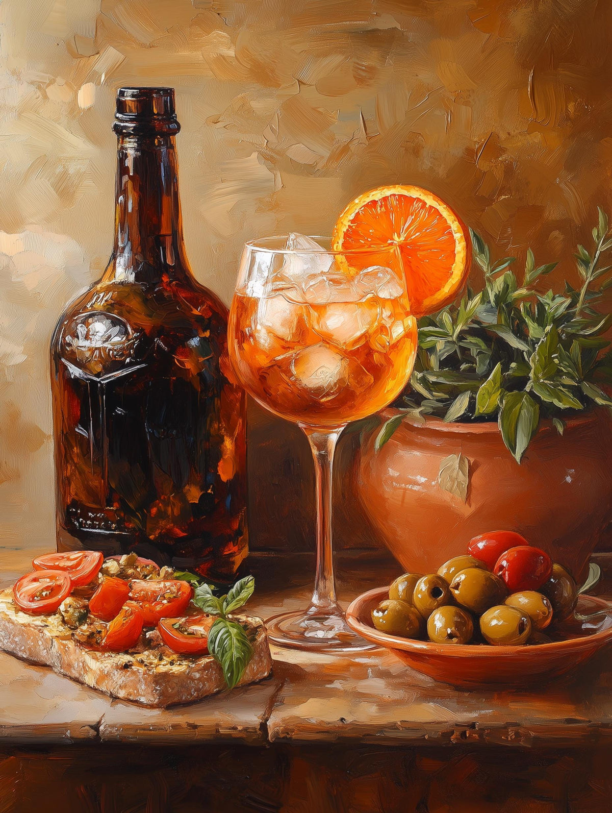 Aperitivo still life with olives and an orange wheel, painted in loose oils