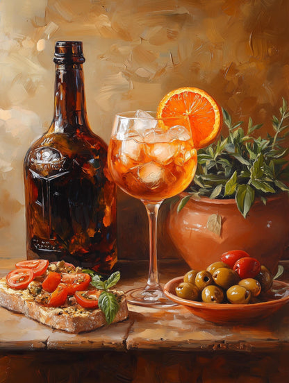 Aperitivo still life with olives and an orange wheel, painted in loose oils