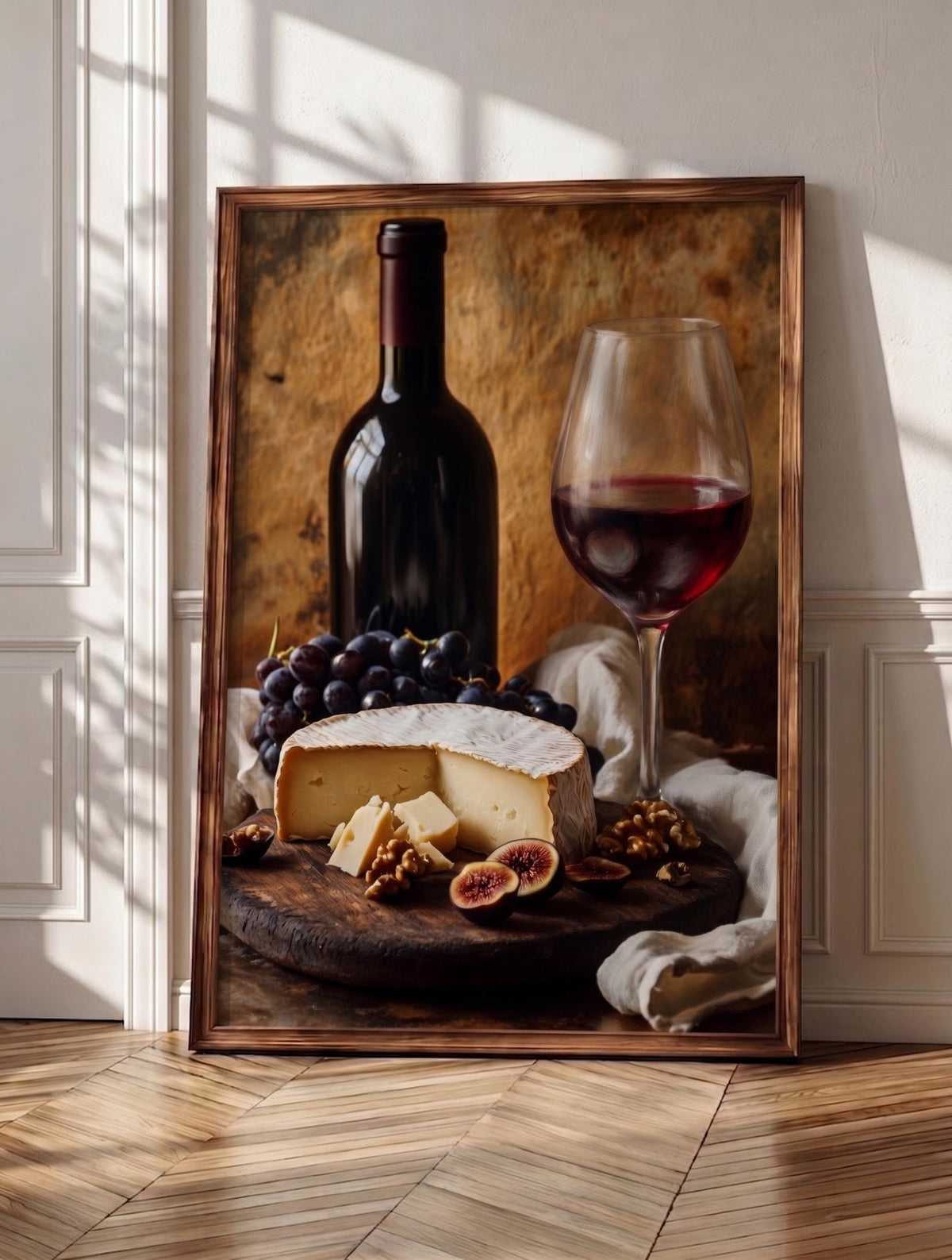 Wine and cheese wall art: a rustic Italian board with deep burgundy in the glass, canvas print