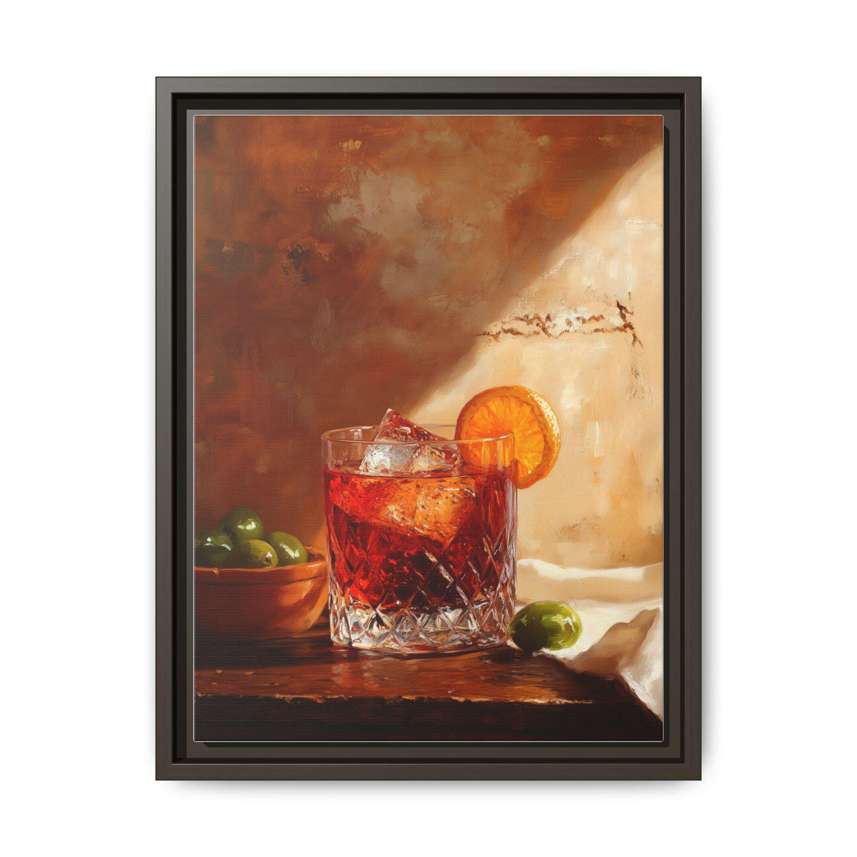 Negroni wall art framed canvas print in an espresso wood frame