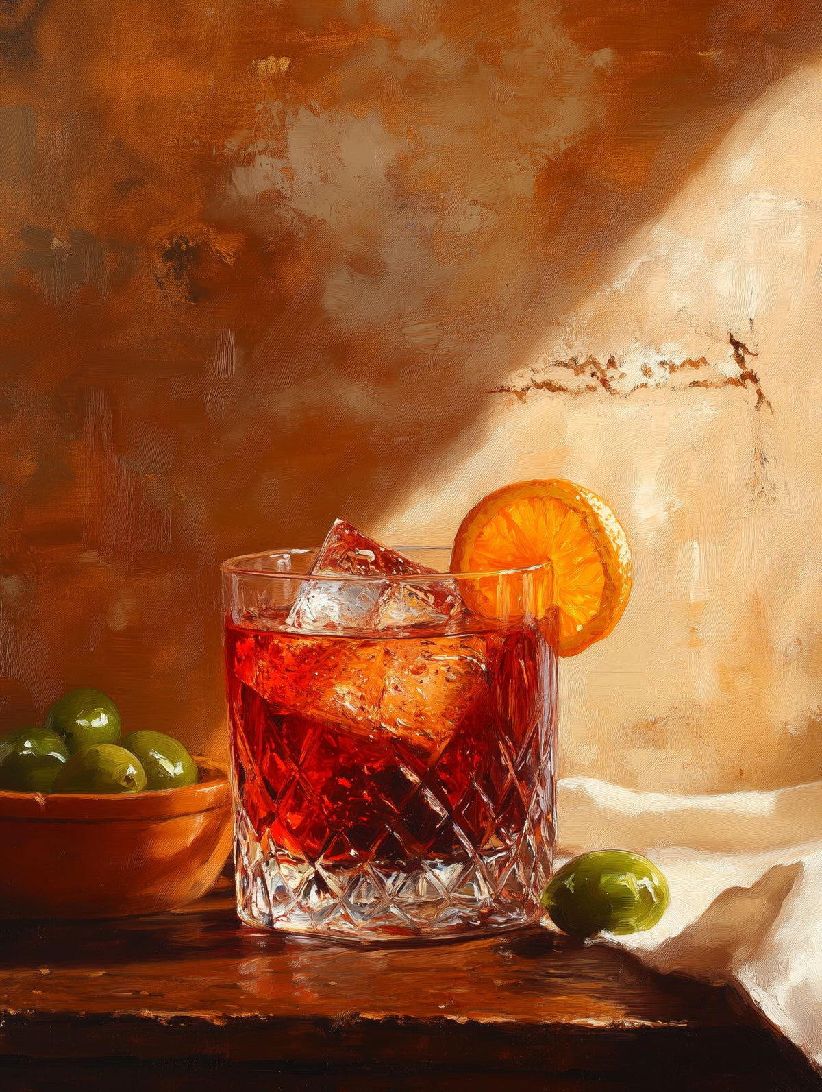 Painterly Negroni canvas print with a fresh orange twist curled over the rim