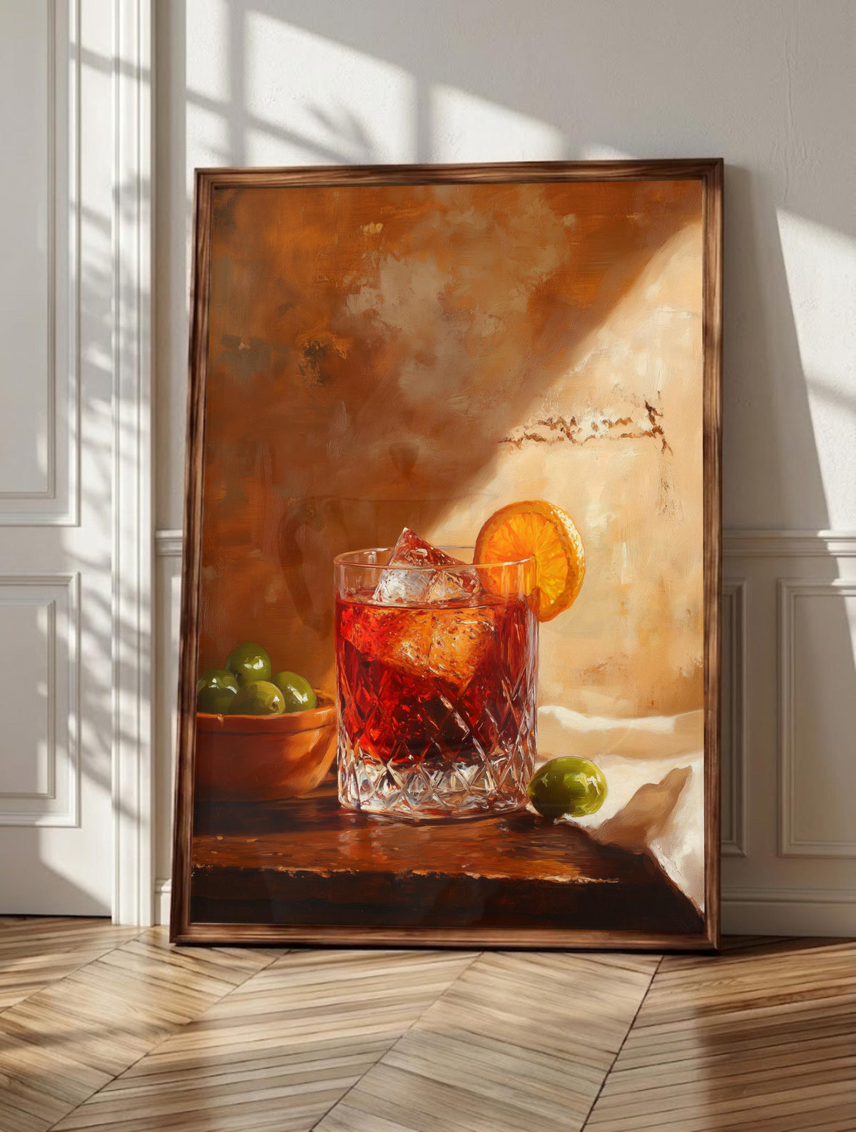 Negroni wall art: a ruby cocktail in a crystal rocks glass with one clear ice cube