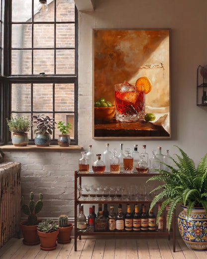 Aperitivo still life framed canvas, hand-framed in solid wood and ready to hang