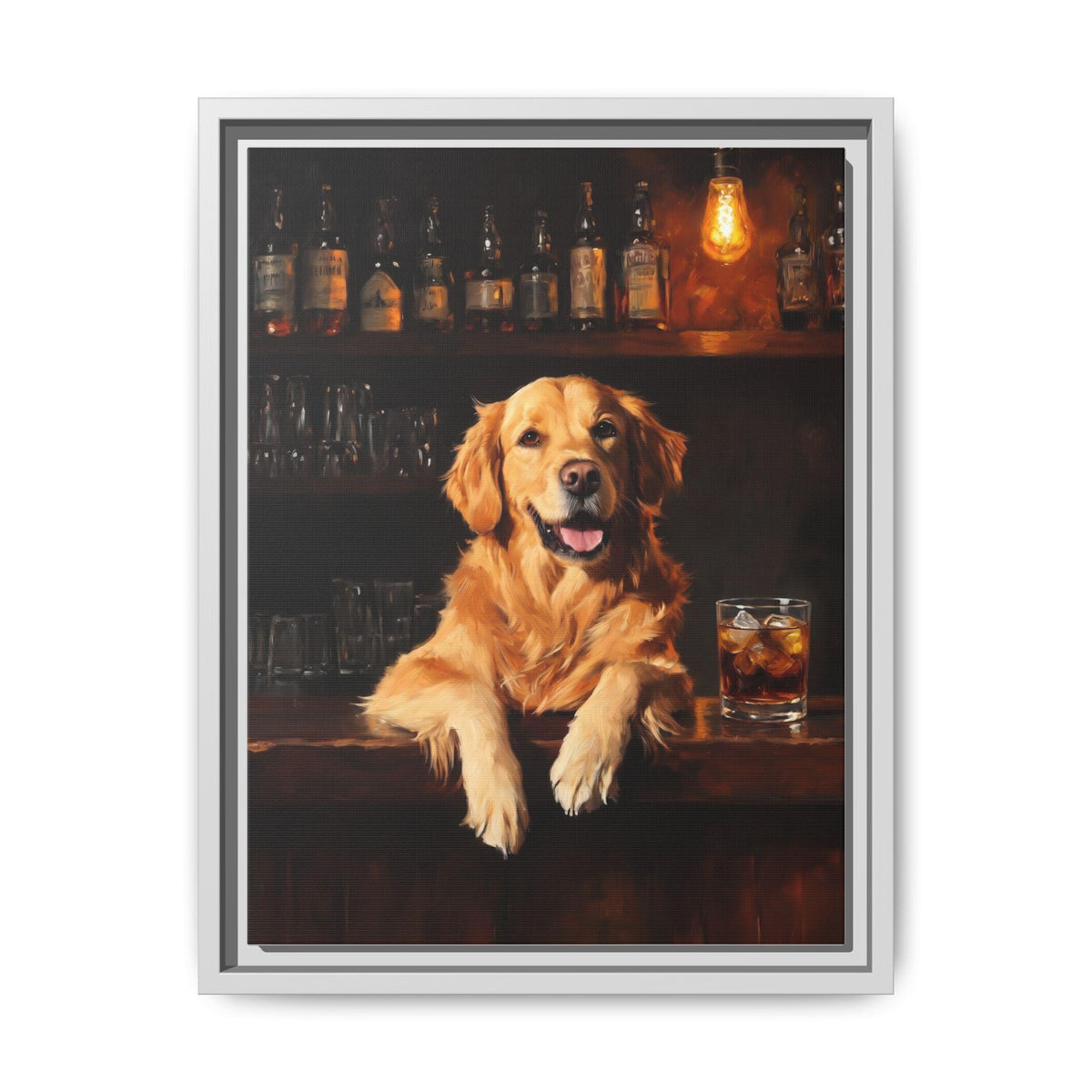 Retriever Whiskey wall art framed canvas print in a white wood frame