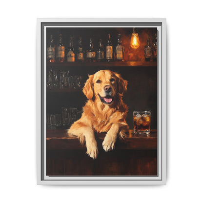 Retriever Whiskey wall art framed canvas print in a white wood frame