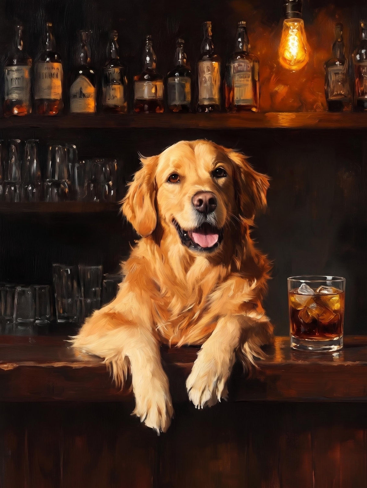 Painterly canvas print of a golden retriever beside a whiskey tumbler
