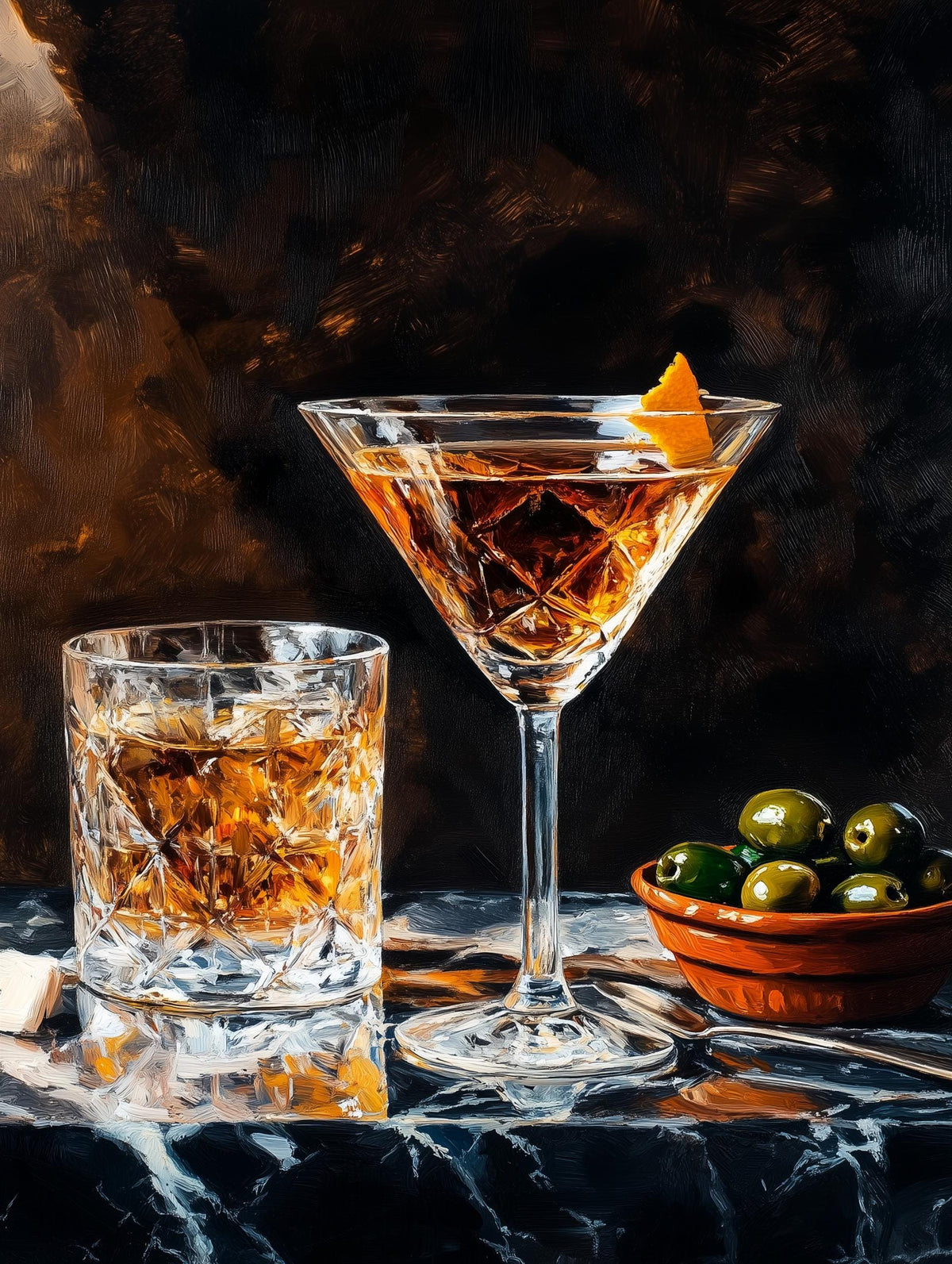 Retro-painterly cocktail still life with light caught in cut crystal, canvas print