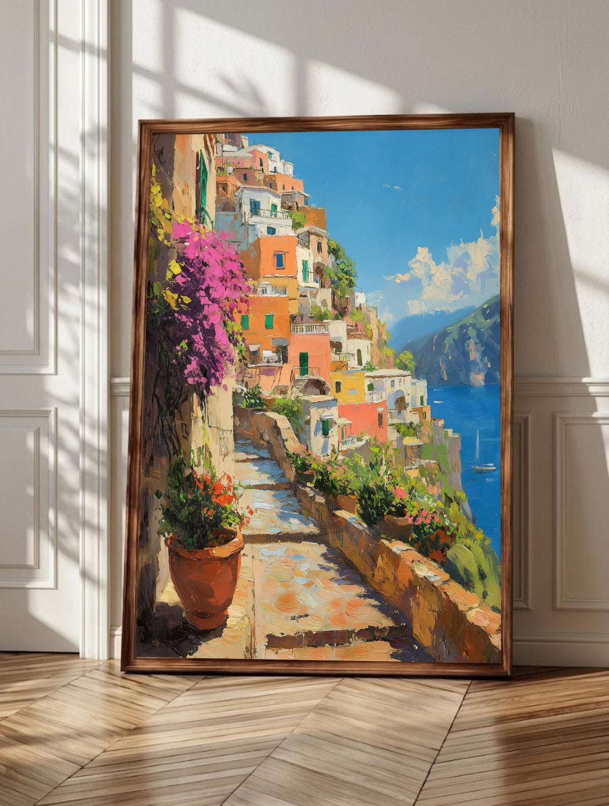 Positano wall art: terraced houses cascading down the Amalfi Coast hillside
