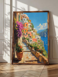 Positano wall art: terraced houses cascading down the Amalfi Coast hillside