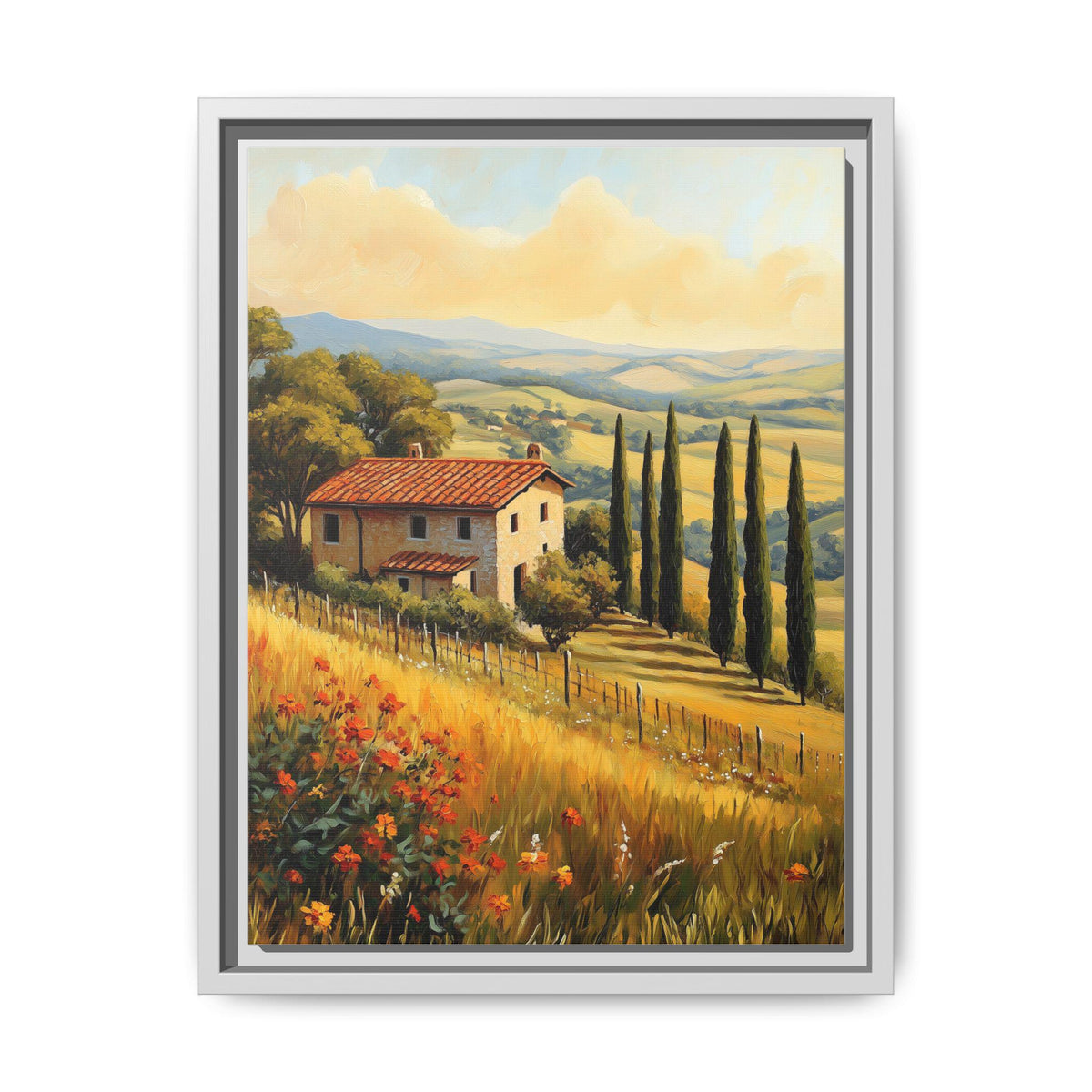 Tuscany wall art framed canvas print in a white wood frame