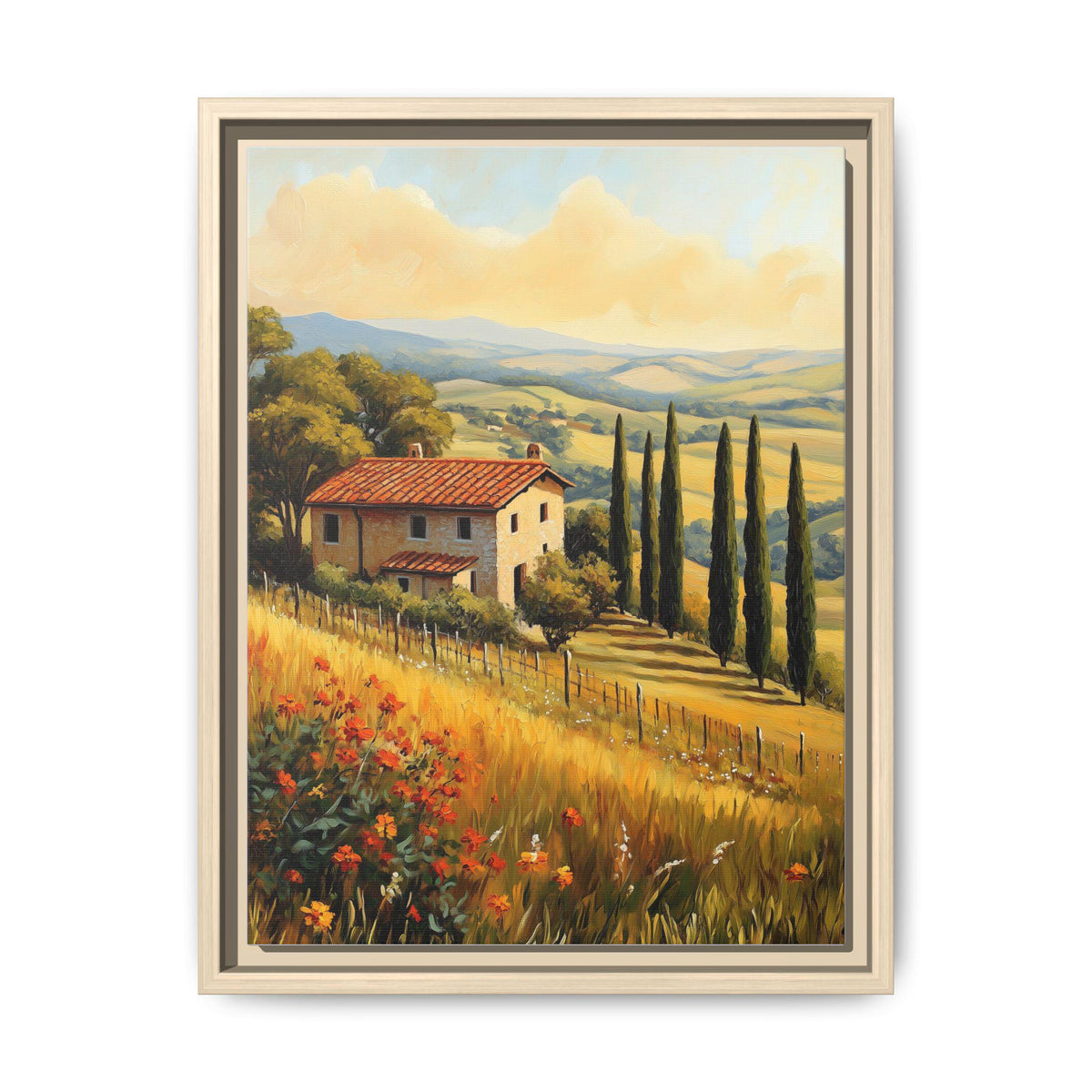 Tuscany wall art framed canvas print in a natural wood frame