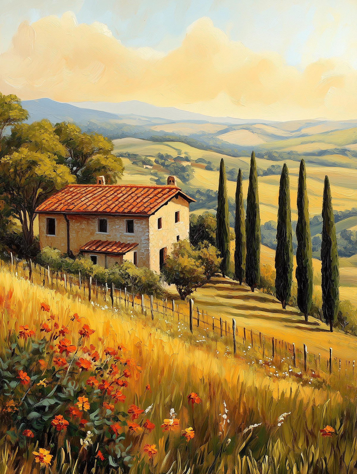 Tuscan countryside canvas print in harvest gold and terracotta brushwork