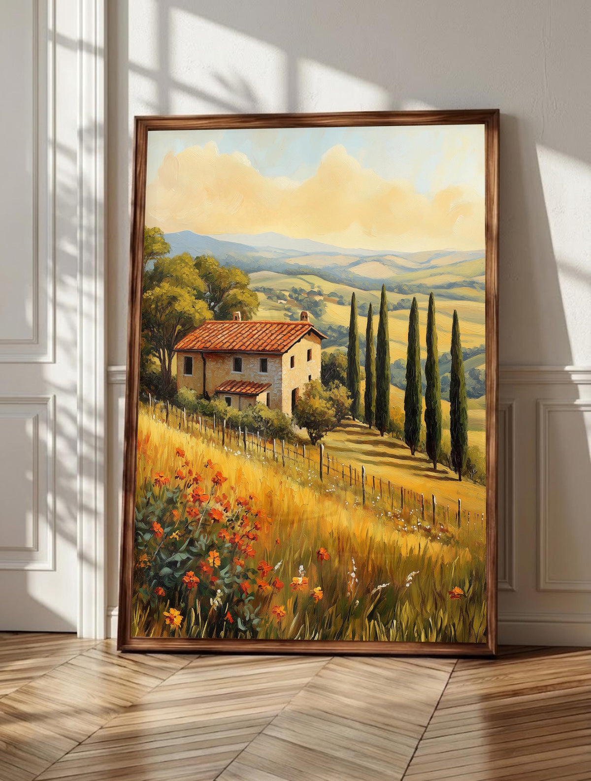 Tuscany wall art: a winding road and sentinel cypress crossing the Italian hills