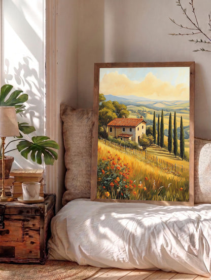 Italian landscape framed canvas in a handmade solid wood frame, ready to hang