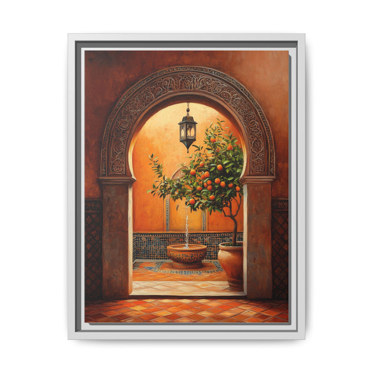 Marrakech wall art framed canvas print in a white wood frame