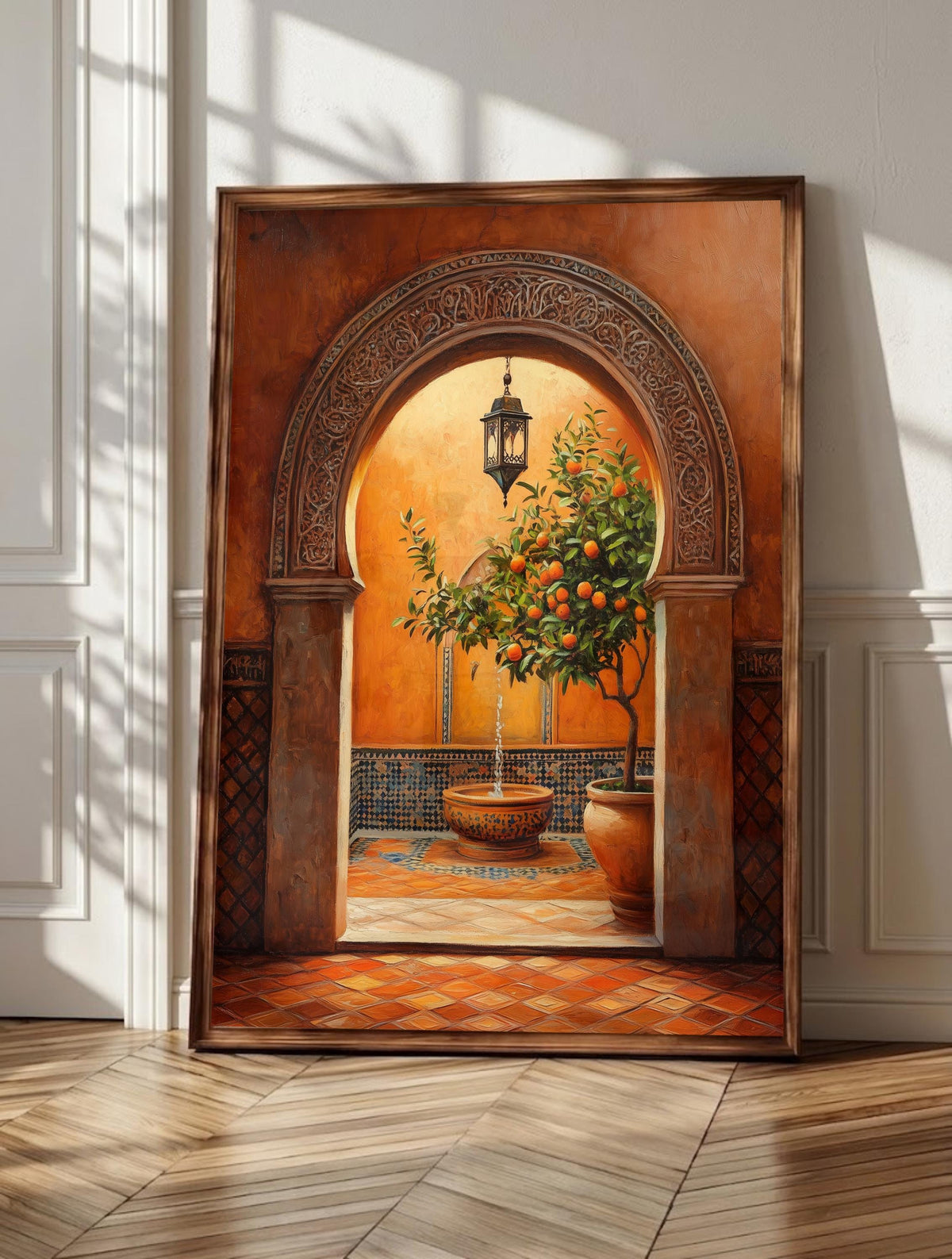 Marrakech wall art: an ornate riad courtyard at golden hour, framed canvas print