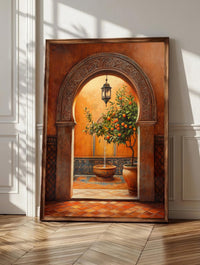 Marrakech wall art: an ornate riad courtyard at golden hour, framed canvas print