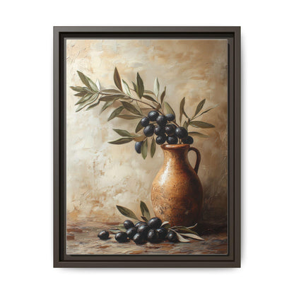 Olive Branch wall art framed canvas print in an espresso wood frame
