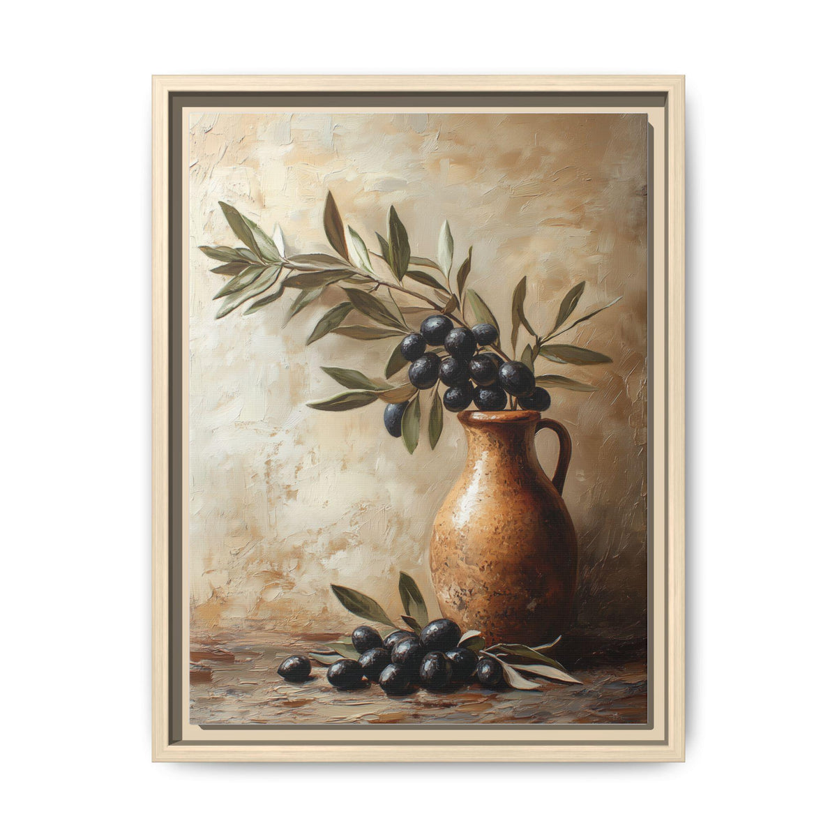 Olive Branch wall art framed canvas print in a natural wood frame
