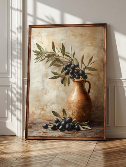 Olive branch wall art: a terracotta jug holding a branch heavy with ripe olives