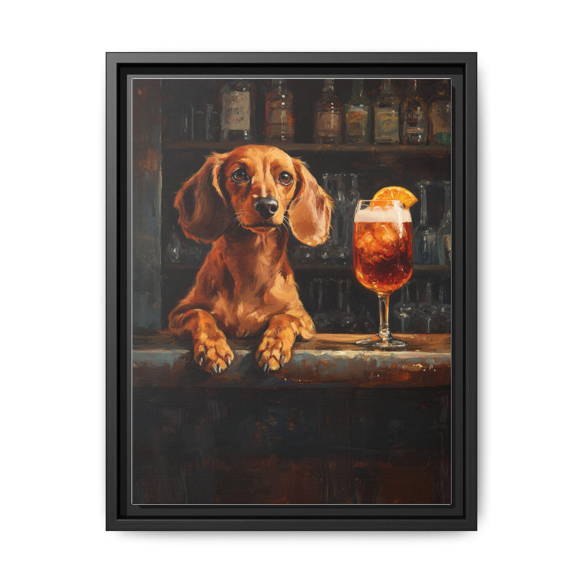 Dachshund wall art framed canvas print in a black wood frame