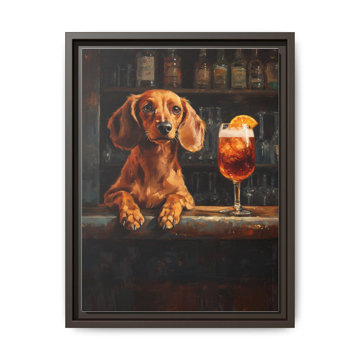 Dachshund wall art framed canvas print in an espresso wood frame