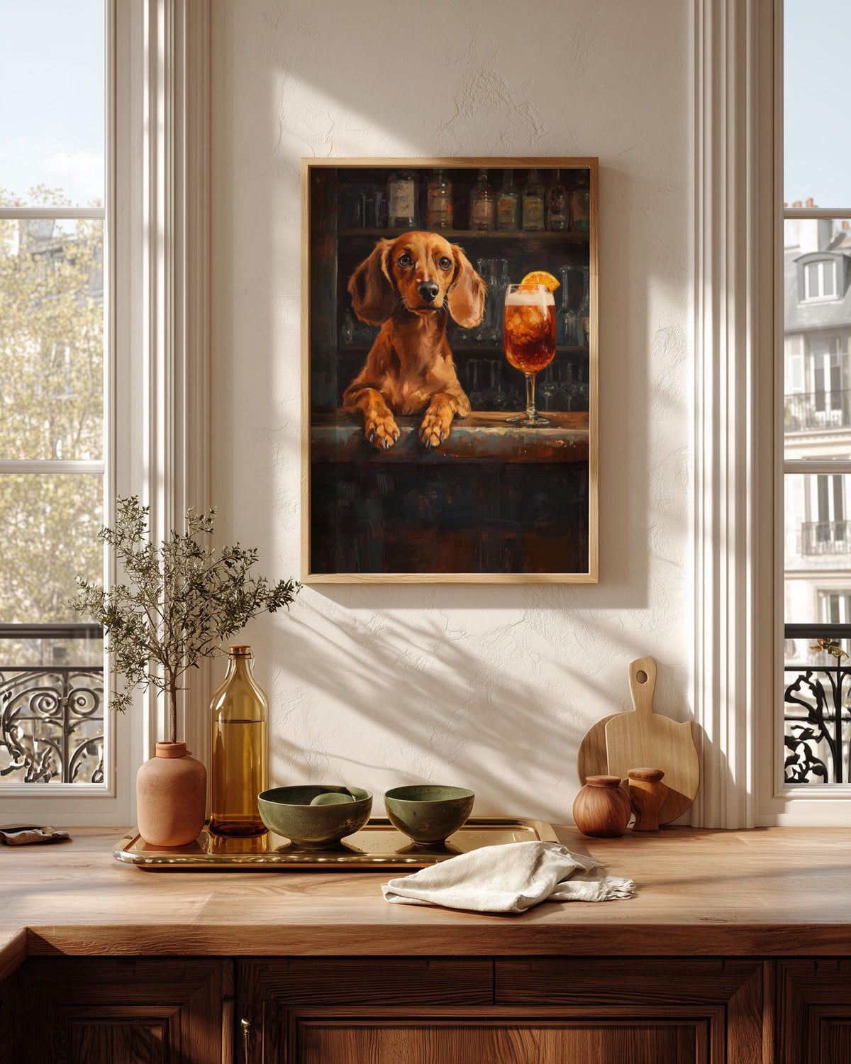 Oil-painting style sausage dog portrait in amber and deep brown, ready to hang