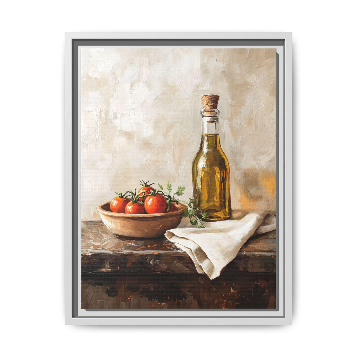 Olive Oil wall art framed canvas print in a white wood frame