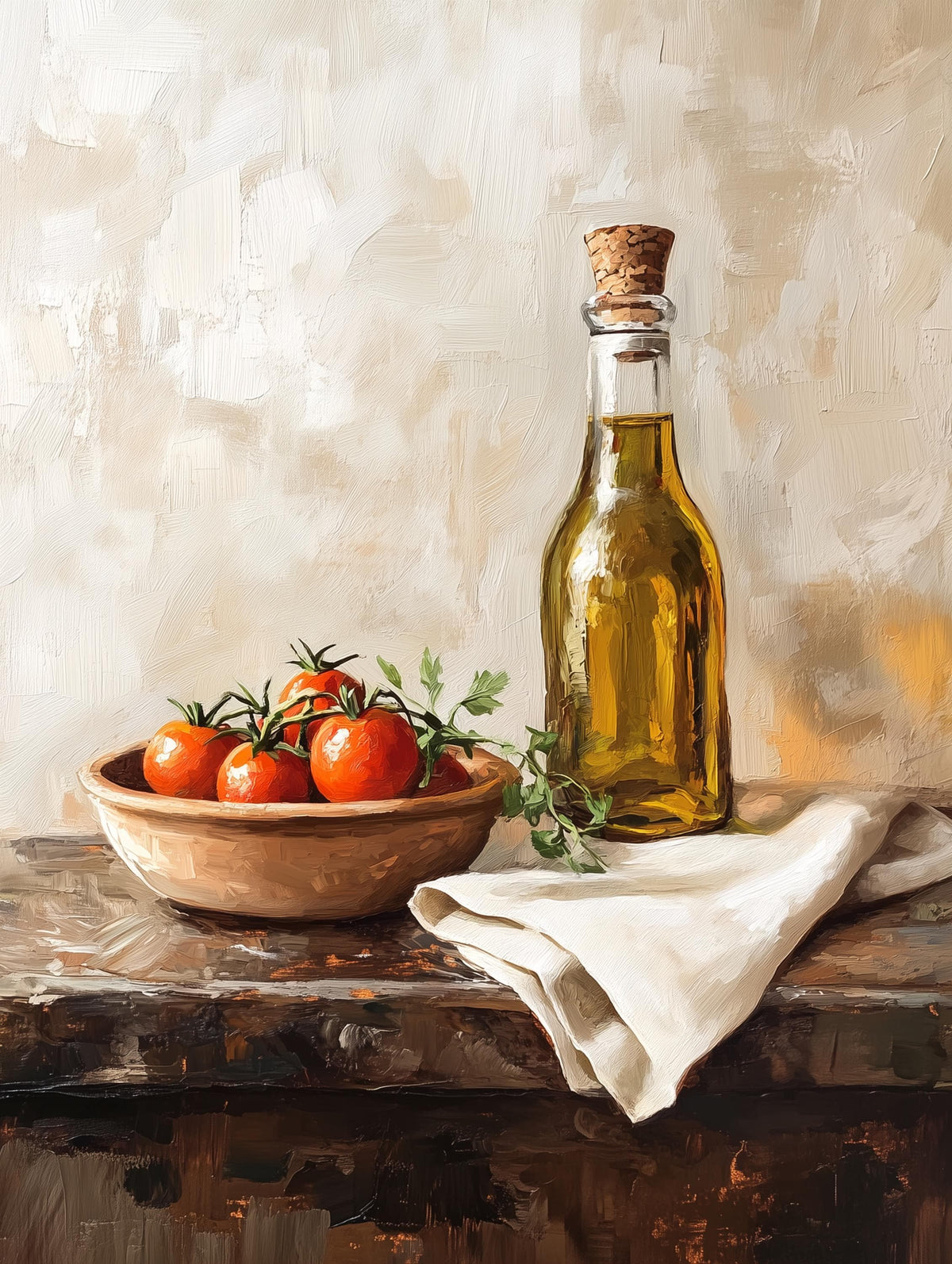 Rustic Italian kitchen still life painted in warm oils on cotton canvas