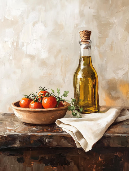 Rustic Italian kitchen still life painted in warm oils on cotton canvas