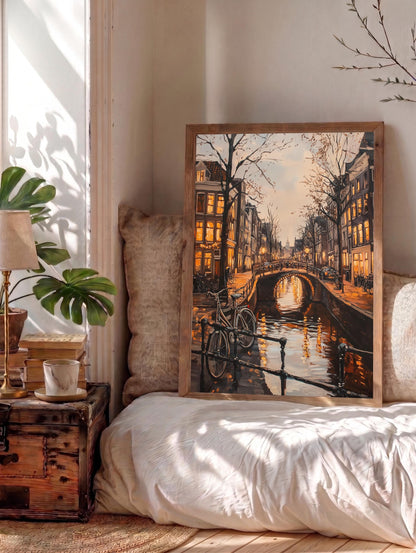 Dutch canal framed canvas art set in a solid wood frame, ready to hang