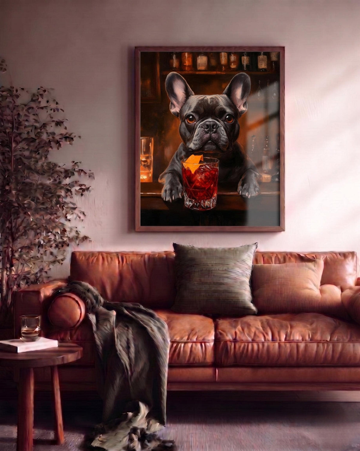Oil-painting style dog and cocktail portrait, made to order and ready to hang