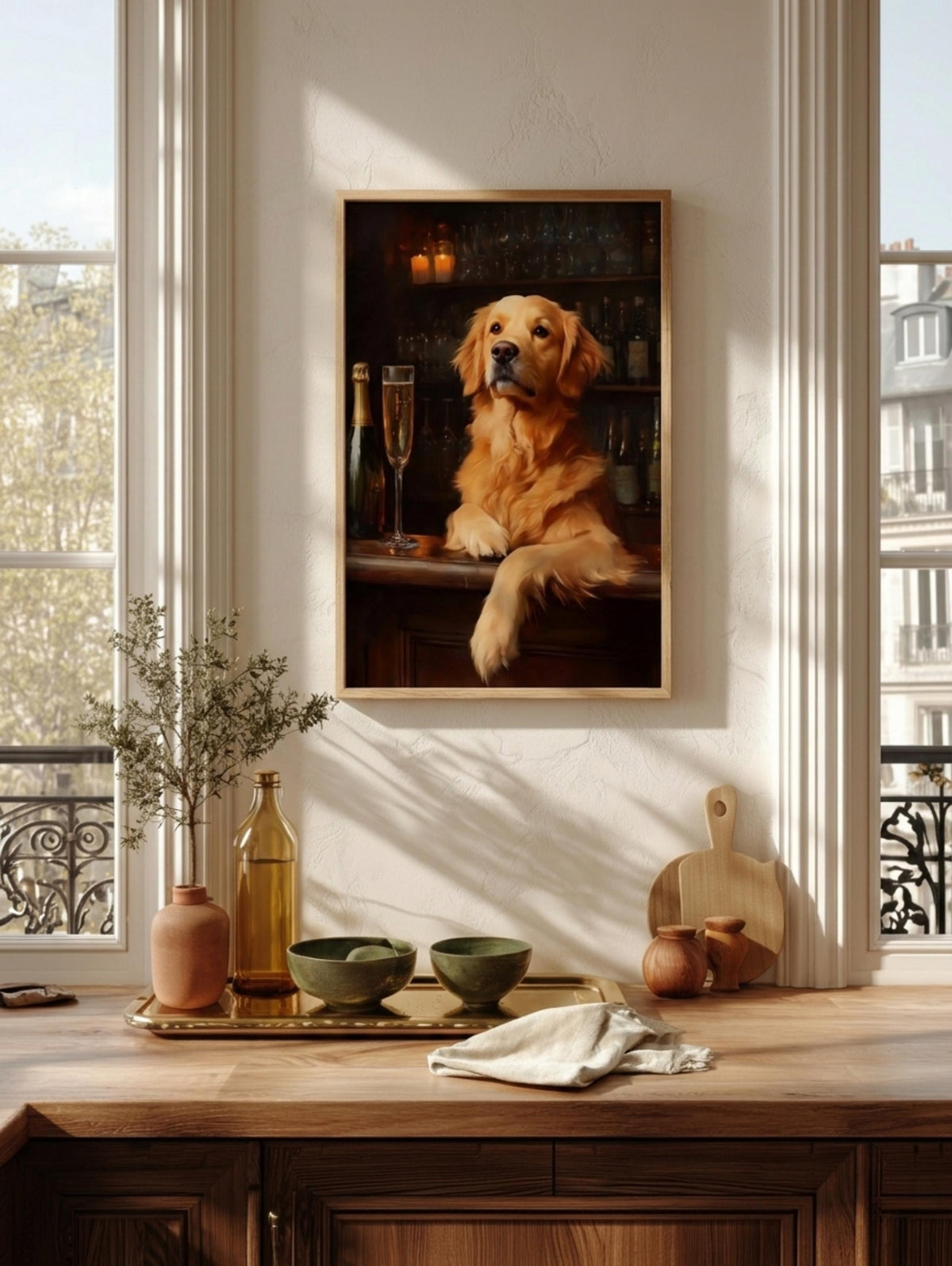 Oil-painting style dog portrait in champagne gold and deep walnut, ready to hang