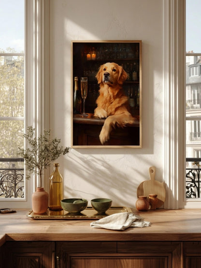 Oil-painting style dog portrait in champagne gold and deep walnut, ready to hang