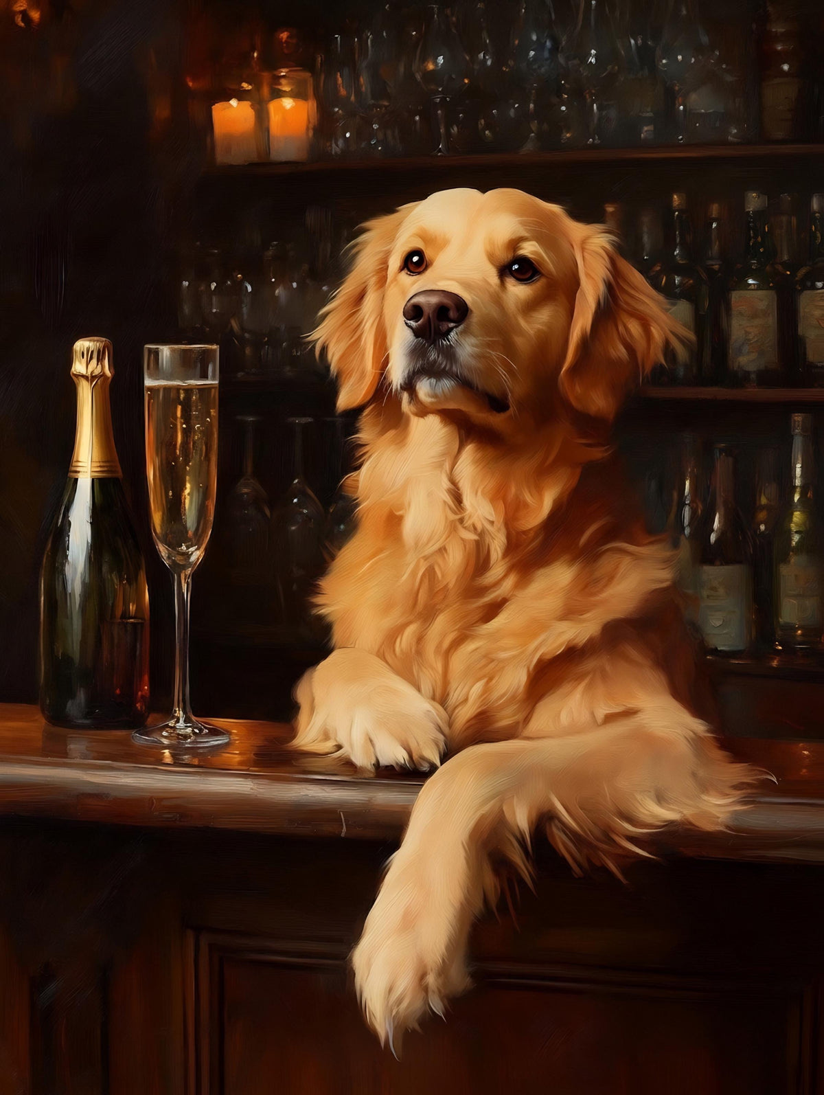 Painterly champagne bar canvas print of a retriever beside a filled coupe