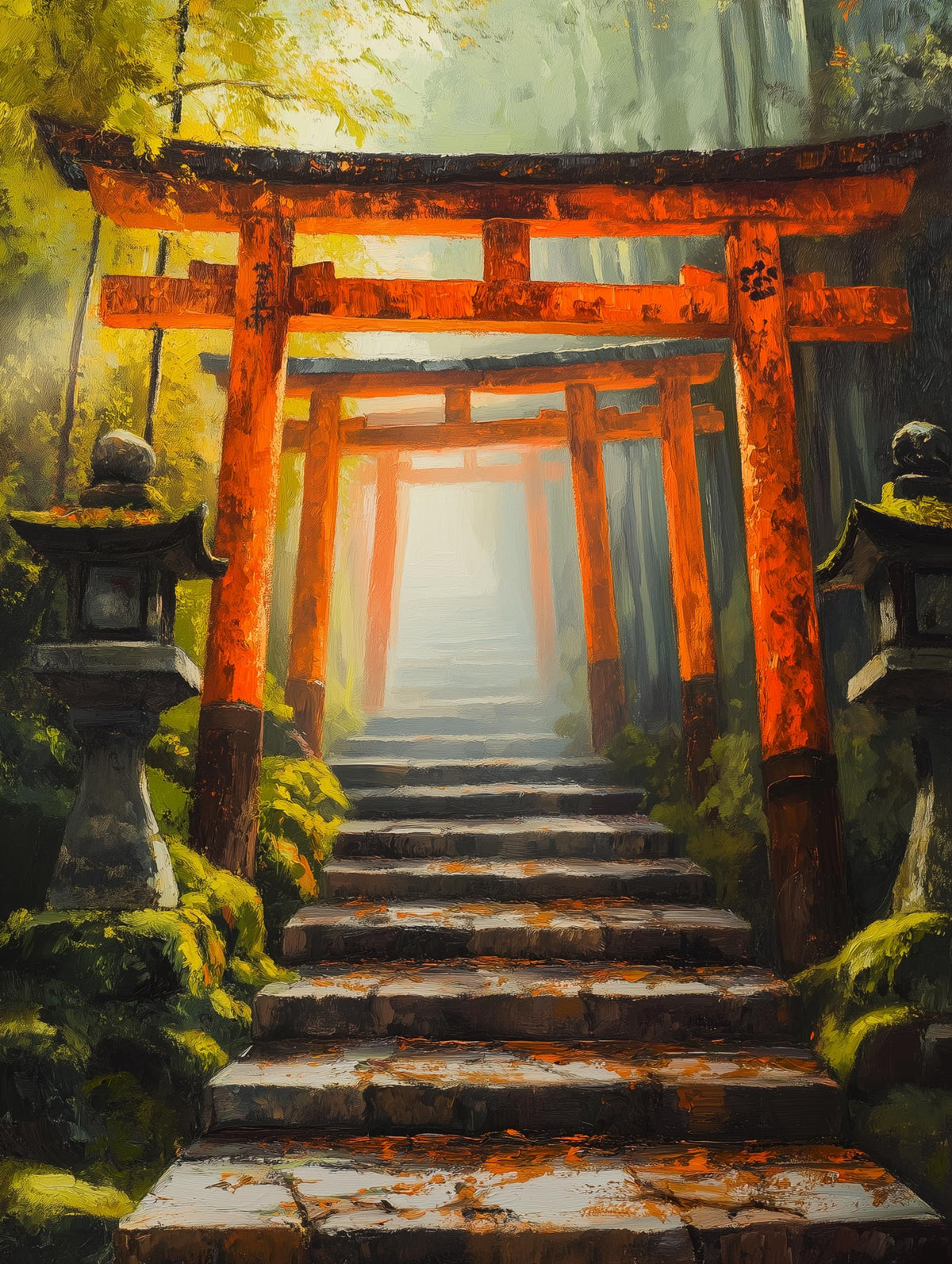 Warm painterly Kyoto scene with a tunnel of gates receding into dawn light