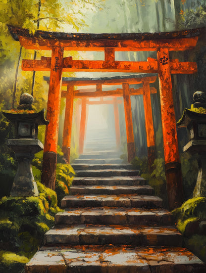 Warm painterly Kyoto scene with a tunnel of gates receding into dawn light