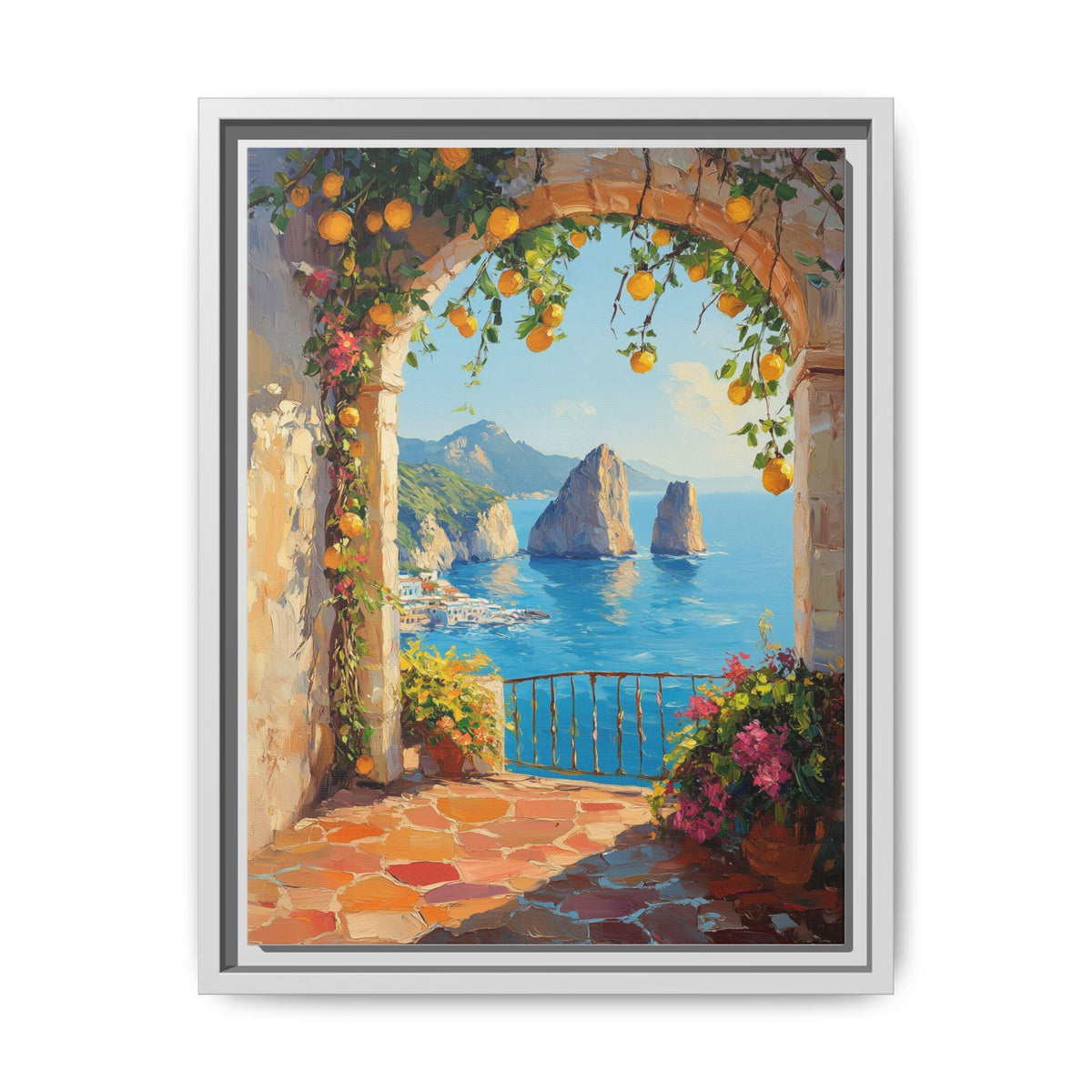 Faraglioni wall art framed canvas print in a white wood frame