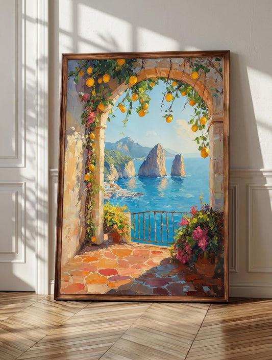 Faraglioni wall art: the Capri sea stacks rising from a cobalt sea, framed canvas print