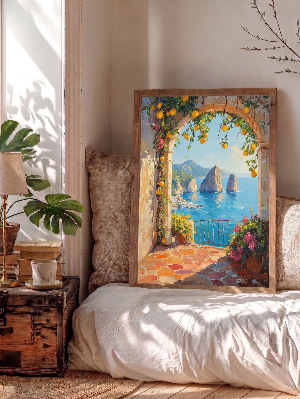 Capri island framed canvas art set in a solid wood frame, ready to hang
