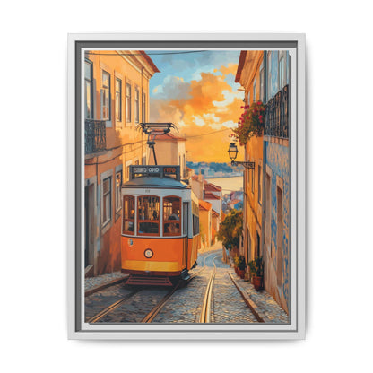 Lisbon wall art framed canvas print in a white wood frame