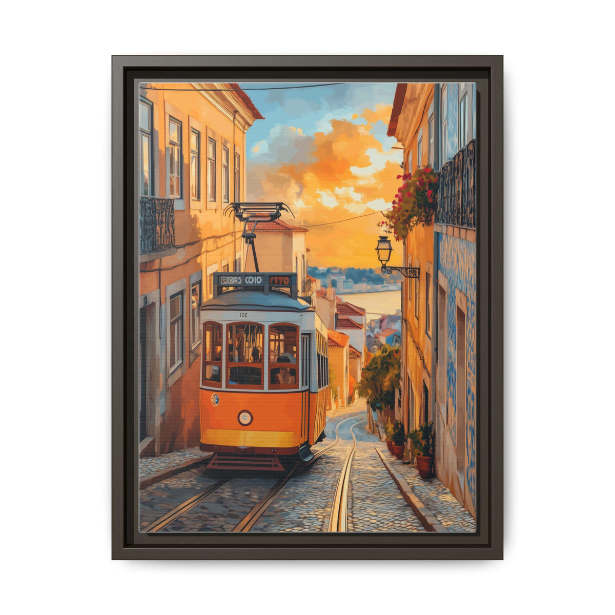 Lisbon wall art framed canvas print in an espresso wood frame
