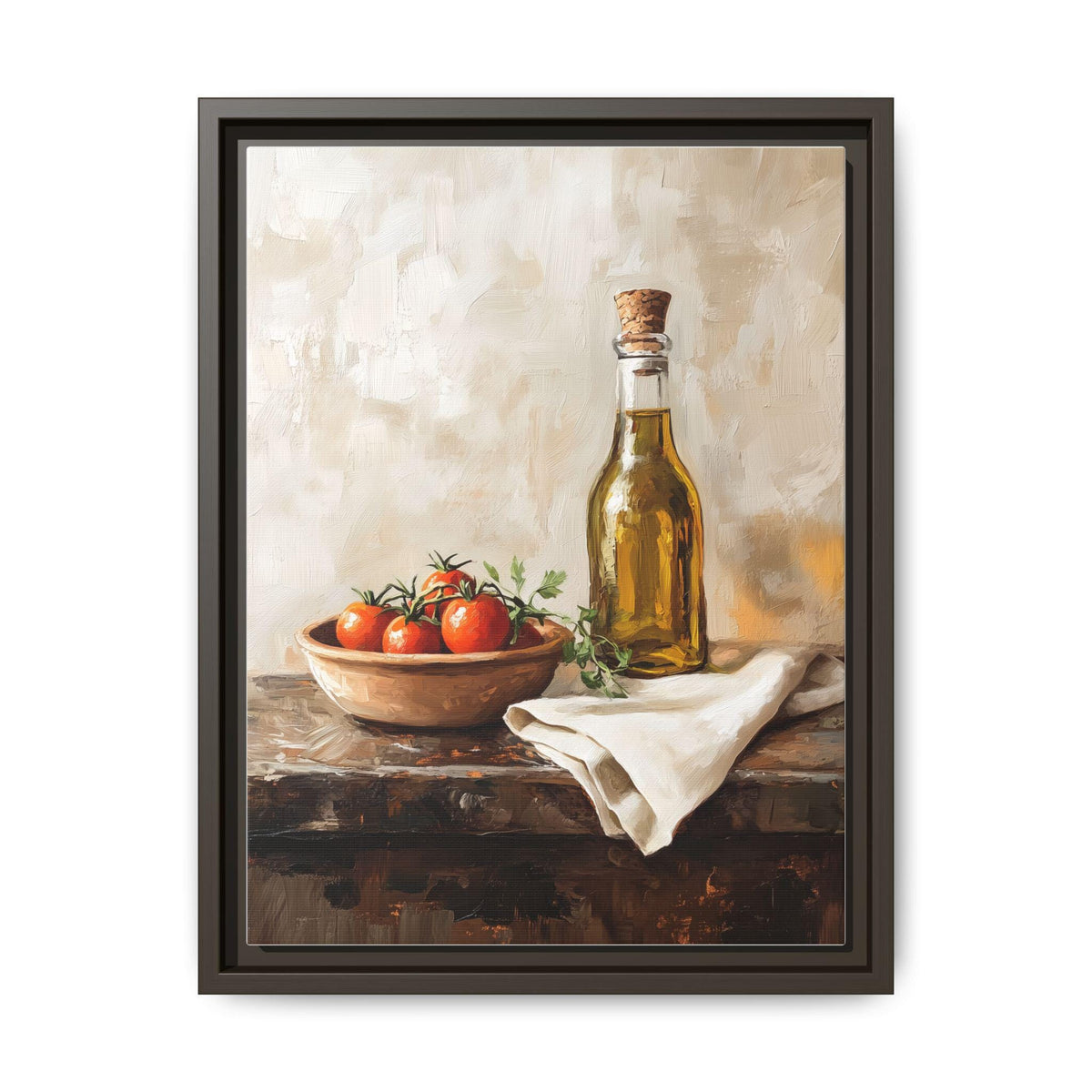 Olive Oil wall art framed canvas print in an espresso wood frame