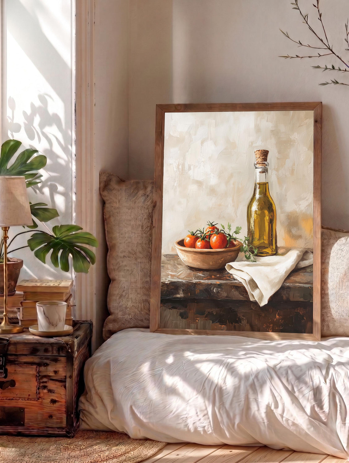 Painterly study of olive oil, tomatoes and herbs on a worn table, made to order