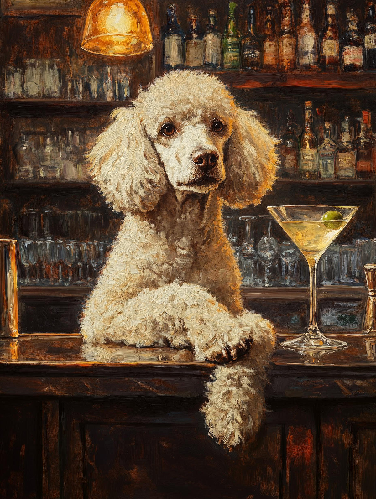 Painterly poodle canvas print with a freshly poured martini on the bar