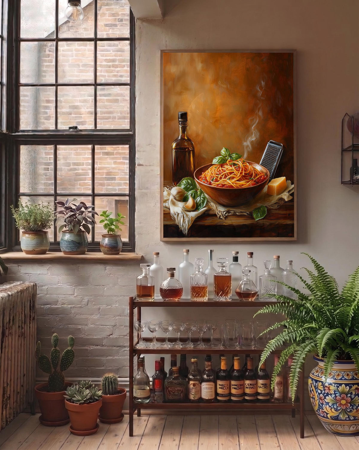 Oil-painting style bowl of spaghetti finished with good olive oil, made to order