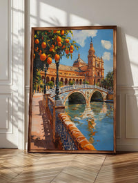 Seville wall art: ripe orange trees beside the still canal at Plaza de España