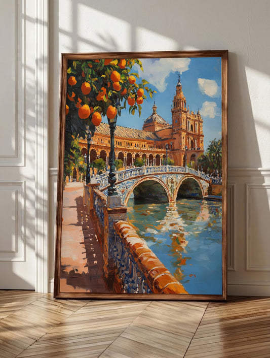 Seville wall art: ripe orange trees beside the still canal at Plaza de España