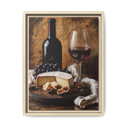 Wine and Cheese wall art framed canvas print in a natural wood frame